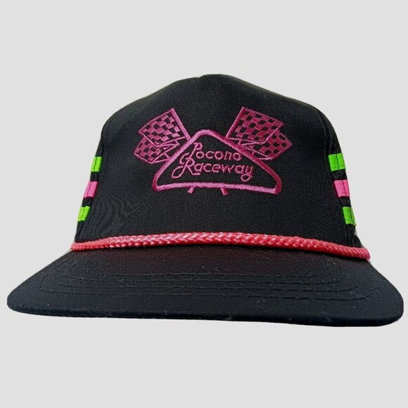 Pocono Raceway 3 Stripe Cap Hat Black Neon Pink Green Canvas Racing Race Vintage - Picture 2 of 13